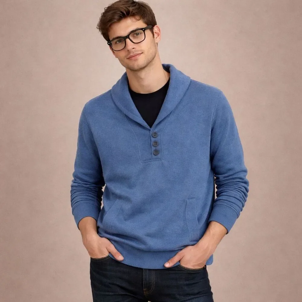 Banana Republic Blue Henley Shawl Sweater Mens XL Classic Preppy Academia